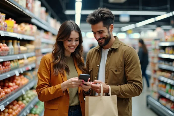 Couple faisant leurs courses en consultant une liste de courses partagée sur smartphone dans un supermarché