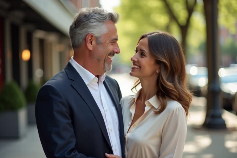 Couple discret et élégant se promenant sur un trottoir urbain arboré, illustrant la vie privée d'Alexis Knief et Timothy Olyphant
