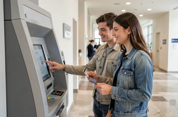 Un jeune couple utilisant un distributeur automatique dans le hall d'une banque moderne pour gérer leurs services bancaires