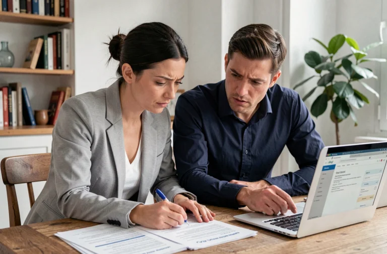 Couple examinant des documents de prêt immobilier de 200 000 euros sur 20 ans à la table de leur appartement