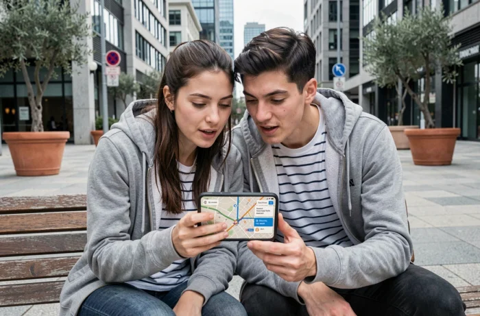 Couple consultant un itinéraire piéton sur Google Maps assis sur un banc dans une place urbaine moderne