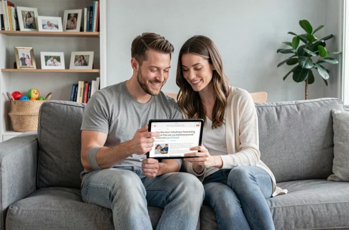 Couple de parents parcourant ensemble un blog famille sur une tablette dans leur salon, partageant des conseils pour mieux organiser leur quotidien