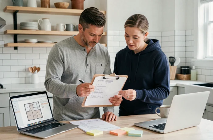 Couple planifiant les étapes de leur déménagement avec une checklist et un plan de logement