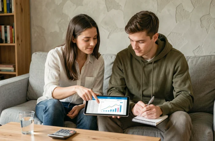 Jeune couple planifiant leurs finances personnelles ensemble sur une tablette dans un salon confortable, avec graphiques budgétaires et carnet de notes