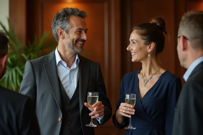 Couple discret et raffiné lors d'une réception privée, représentant la vie publique sobre d'Alexis Knief et Timothy Olyphant
