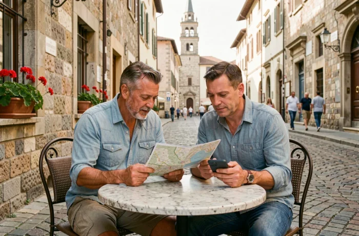 Couple de voyageurs consultant une carte et un smartphone à une terrasse de café en Europe