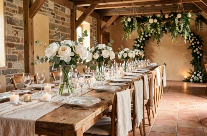 Table de réception de mariage décorée de pivoines blanches et de bougies dans une grange en pierre rustique