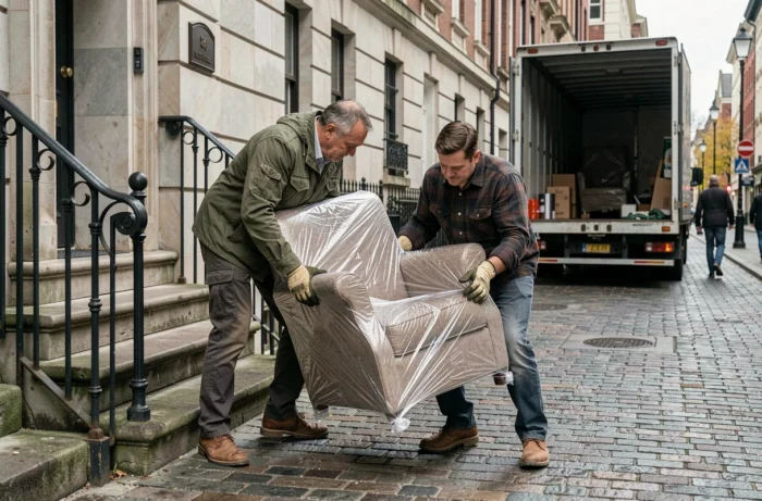 Deux déménageurs portant un fauteuil emballé hors d'un immeuble parisien vers un camion de déménagement