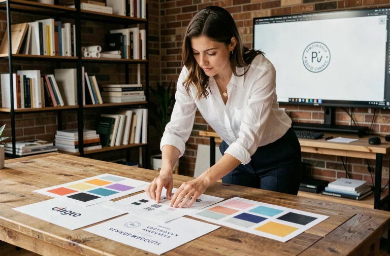 Designer graphique féminine travaillant sur des maquettes d'identité visuelle dans un studio créatif moderne