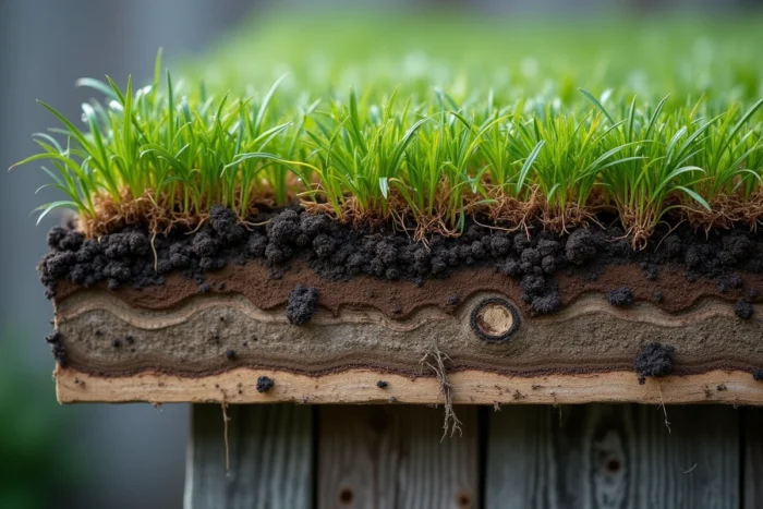 Gros plan sur la coupe transversale d'un toit en herbe norvégien montrant les couches de terre, d'écorce de bouleau et de végétation
