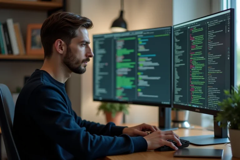 Développeur homme tapant des scripts d'automatisation web sur deux écrans avec du code en terminal dans un bureau moderne