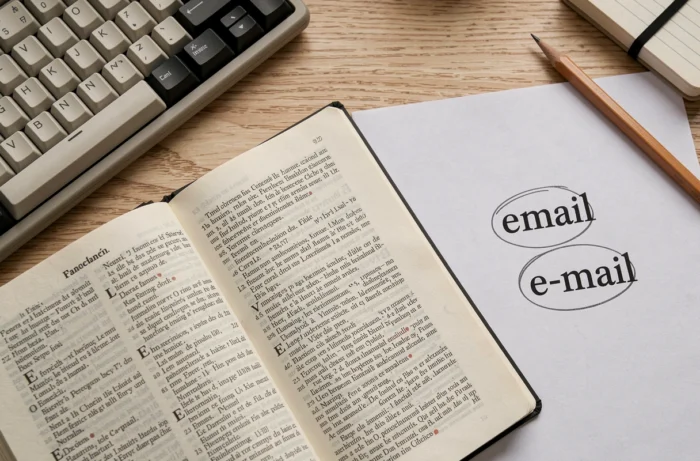 Dictionnaire français ouvert à côté d'un clavier avec les orthographes email et e-mail annotées au crayon, illustration des règles typographiques françaises