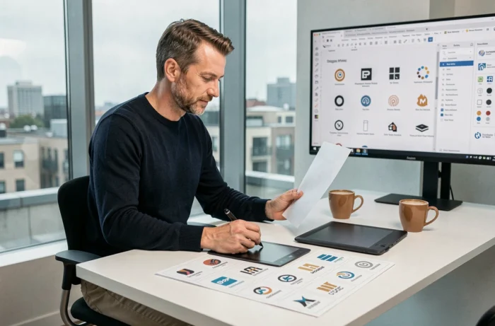 Directeur artistique masculin analysant des variations de logo imprimées dans un studio de design graphique épuré