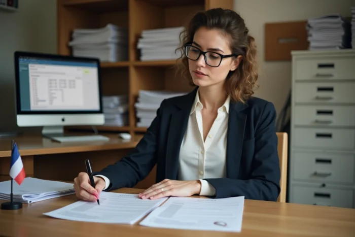 Femme examinant les documents administratifs pour l'homologation d'un trike à la préfecture française