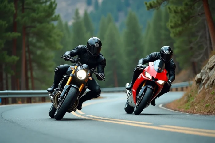 Deux motos en pleine courbe sur une route de montagne, duel de performances entre une moto nue et une supersport 2024
