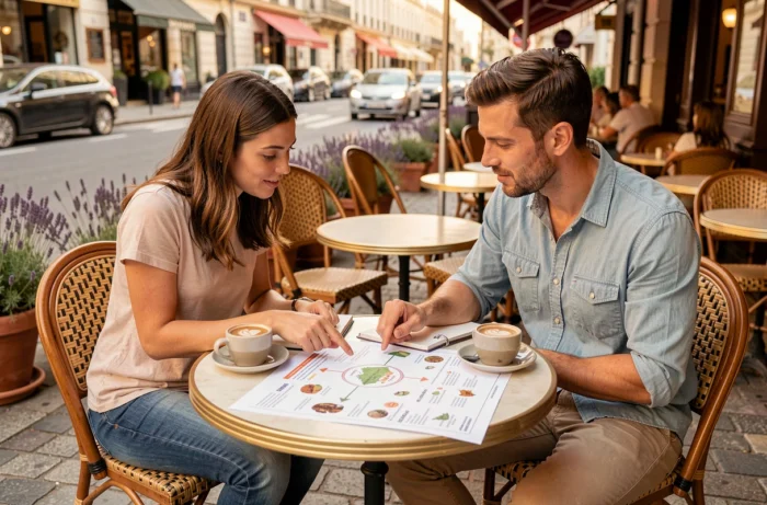 Deux personnes discutant d'un plan de navigation culinaire imprimé en terrasse de café parisien