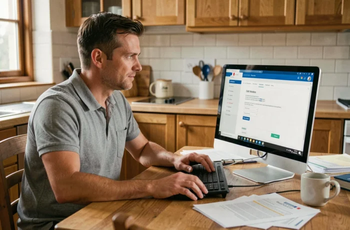 Employé La Poste accédant à son espace habillement depuis son domicile sur un ordinateur de bureau