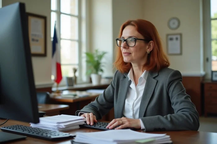 Employée municipale traitant des dossiers de bans de mariage dans une mairie française en 2026