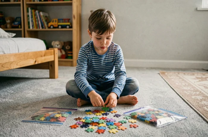 Enfant triant des pièces de puzzle par couleur dans des sachets transparents sur un tapis de chambre