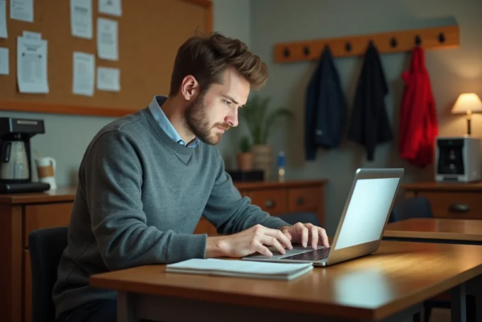 Enseignant consultant sa fiche de rémunération sur ordinateur portable dans la salle des professeurs, en lien avec les changements salariaux du pacte enseignant