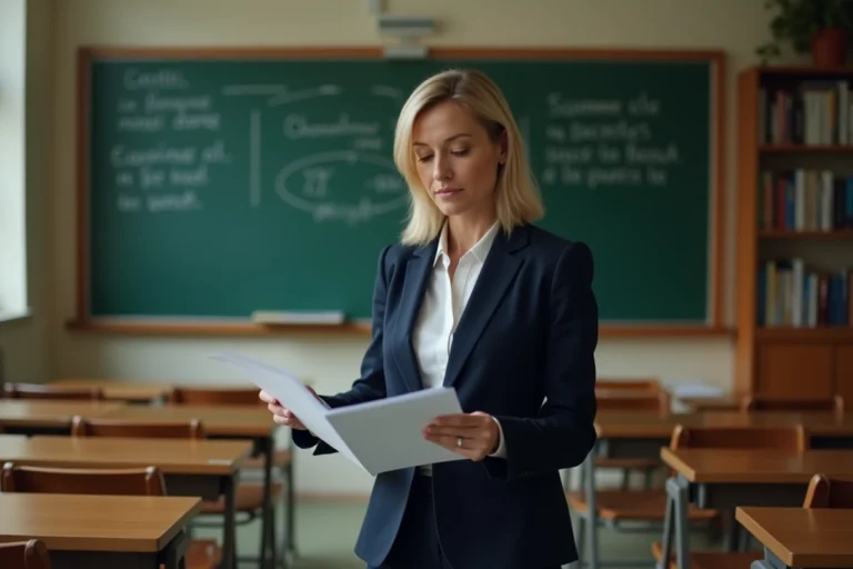 Enseignante tenant des documents officiels dans une salle de classe française, illustrant le pacte enseignant 2026-2027 et ses impacts sur les conditions de travail