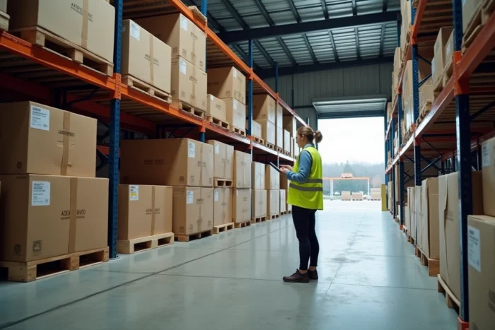 Entrepôt logistique de stockage et expédition de meubles de jardin avec une employée contrôlant l'inventaire sur tablette
