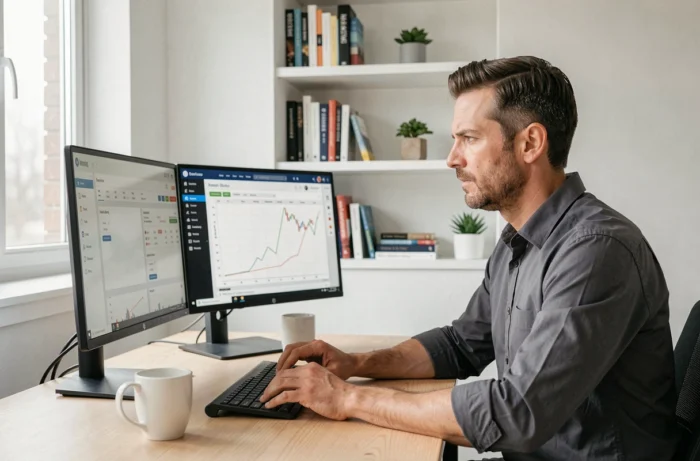Entrepreneur concentré travaillant sur des outils business innovants depuis son bureau à domicile