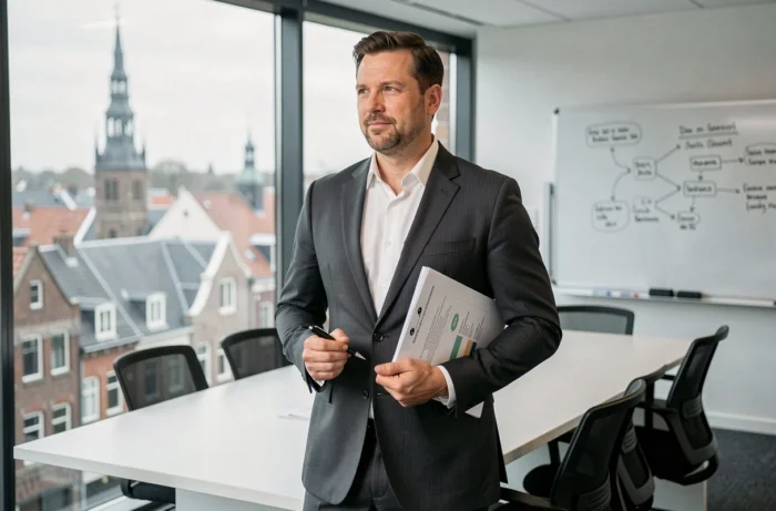 Entrepreneur belge en costume présentant son projet d'entreprise avec vue sur les toits de Gand