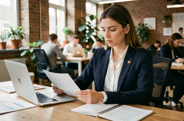 Femme entrepreneuse belge analysant un business plan dans un espace de co-working à Bruxelles