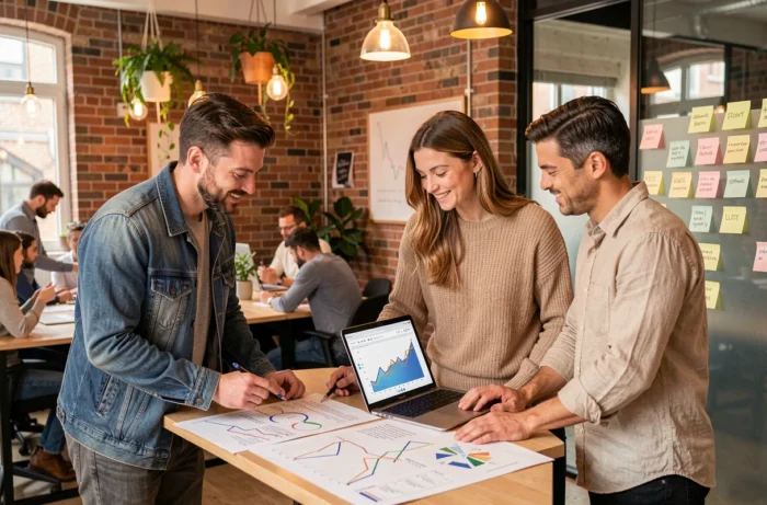 Équipe de professionnels collaborant autour de solutions business innovantes dans un bureau moderne en open space