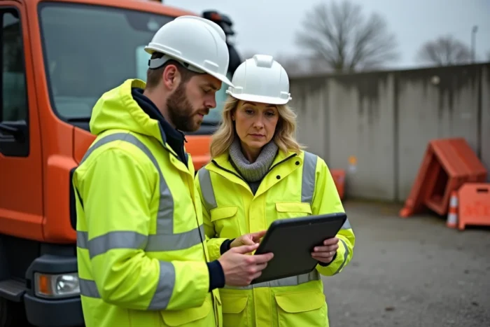 Équipe municipale planifiant l'entretien de la voirie sur une tablette numérique
