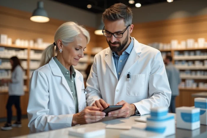 Deux pharmaciens collaborant autour de nouveaux produits et outils numériques de gestion des ordonnances en pharmacie
