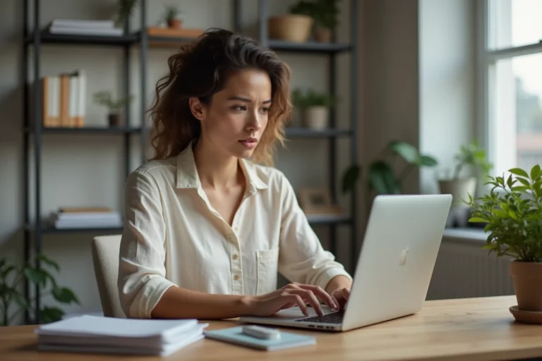 Hôte débutante examinant son compte de location en ligne sur un ordinateur portable dans un bureau à domicile organisé