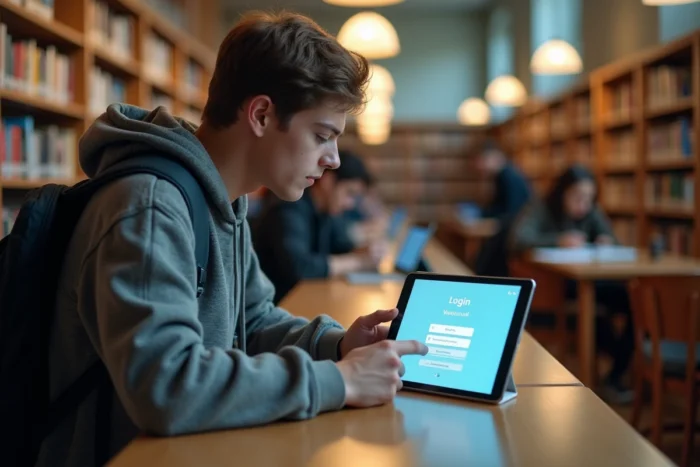 Étudiant accédant à la page de connexion du webmail Convergence Lyon sur une tablette en bibliothèque universitaire