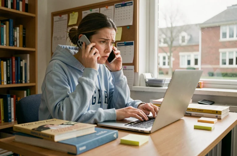 Étudiante contactant le support technique MyCampus EduServices en urgence depuis son appartement universitaire