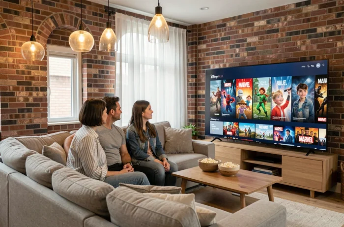 Famille regardant ensemble le catalogue Disney Plus sur leur télévision dans le salon