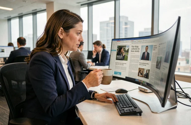 Femme professionnelle consultant les actualités du moment sur un grand écran dans un bureau moderne en open space