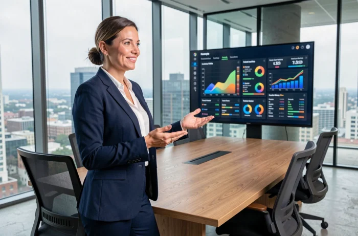 Femme d'affaires présentant des solutions innovantes sur un tableau de bord numérique en salle de réunion moderne