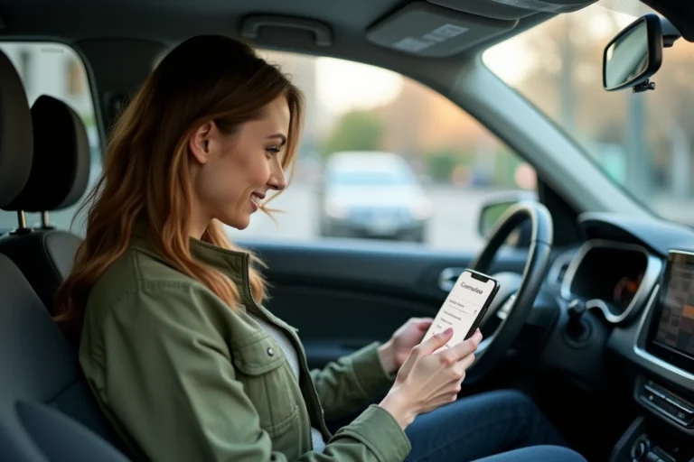 Femme utilisant une application de calcul de frais de covoiturage sur smartphone dans une voiture