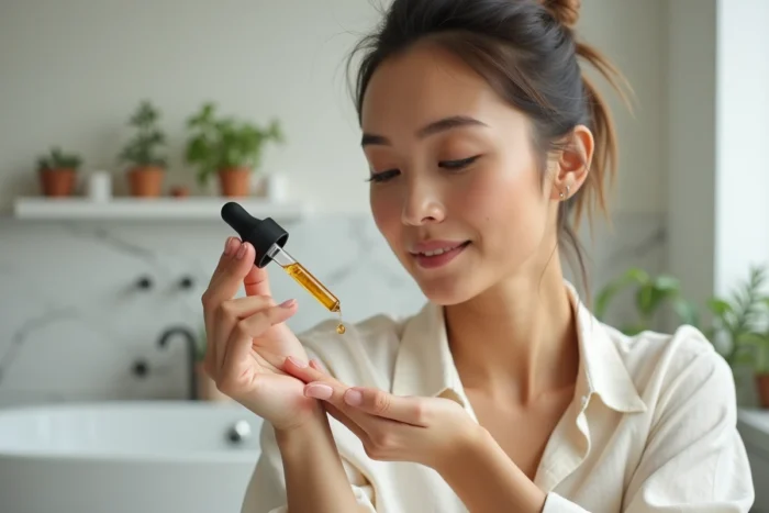 Femme appliquant une huile végétale alternative à l'huile de jojoba sur son avant-bras dans une salle de bain minimaliste