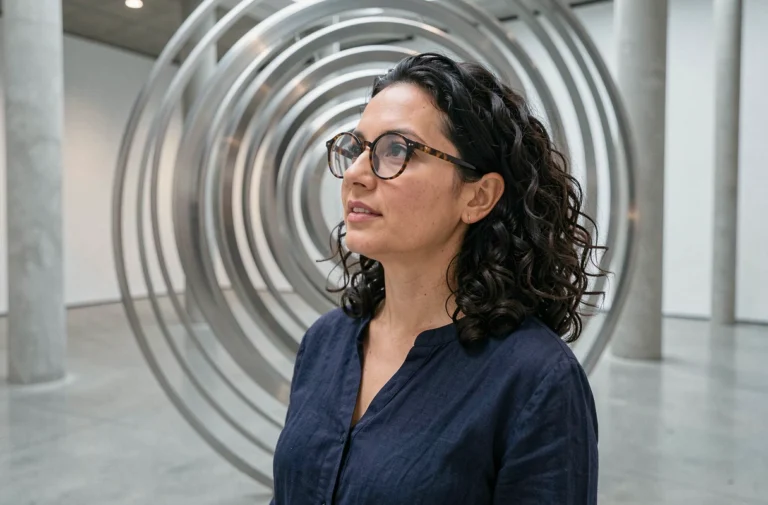 Femme fascinée devant une installation d'art cinétique aux anneaux métalliques concentriques dans un musée d'art contemporain