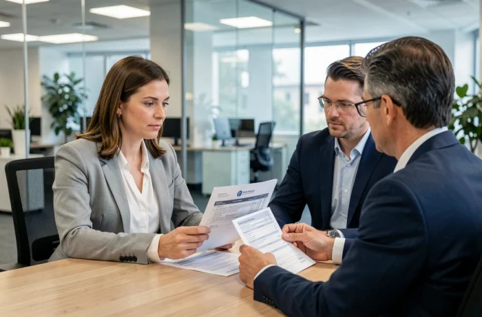 Femme discutant des garanties de son assurance prêt avec un conseiller financier en agence bancaire
