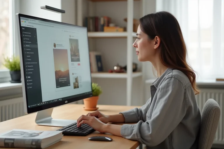 Femme créant un site web professionnel à l'aide de templates modernes sur un grand écran dans un bureau scandinave