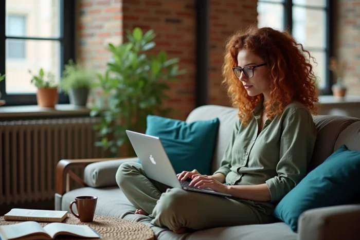 Femme développeuse travaillant sur un script Python d'automatisation web depuis son canapé avec un laptop ouvert