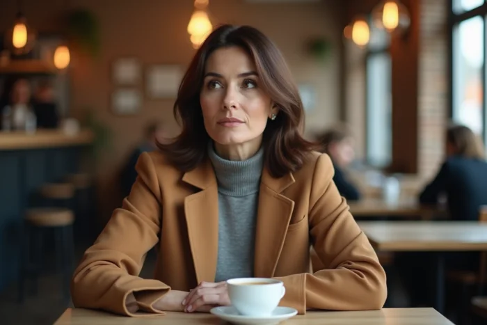 Femme élégante et discrète assise seule dans un café, évoquant la personnalité réservée d'Alexis Knief, épouse de Timothy Olyphant