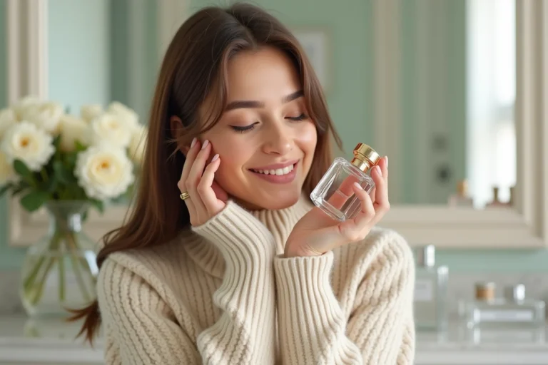 Jeune femme découvrant un dupe de parfum de luxe sur sa coiffeuse en marbre