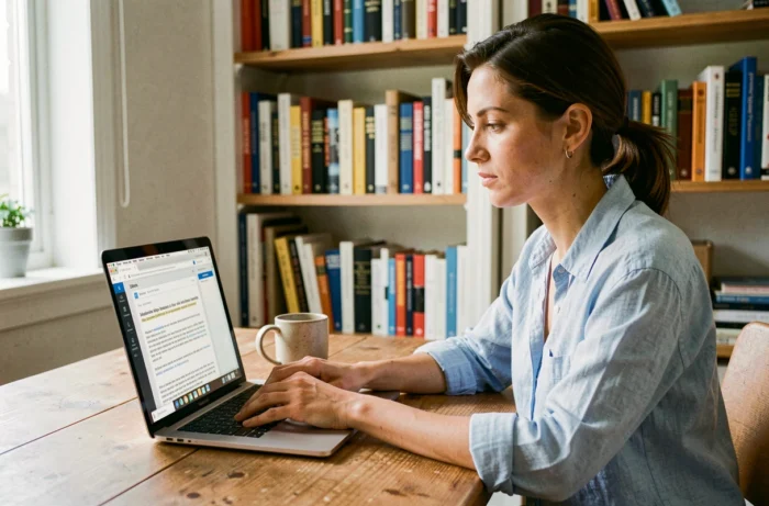 Femme tapant un email sur son ordinateur portable dans un bureau à domicile, illustrant l'usage quotidien du mot email ou e-mail en français