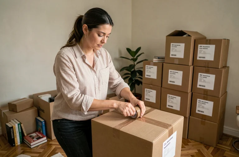 Femme en train d'emballer des cartons lors d'un déménagement dans un appartement vidé