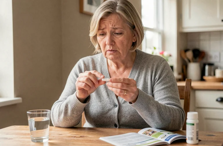 Femme d'une cinquantaine d'années examinant une gélule de complément alimentaire Audistim avec une expression préoccupée, posée sur une table de cuisine avec une notice médicale
