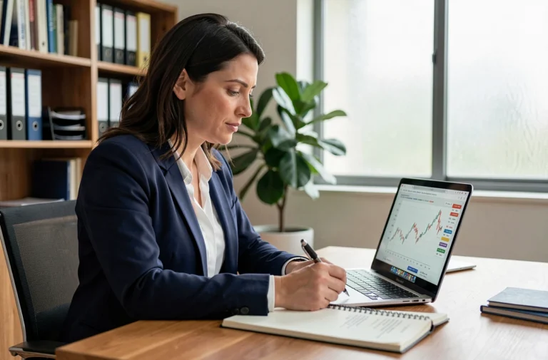 Femme professionnelle analysant des graphiques financiers sur un ordinateur portable dans un bureau à domicile moderne
